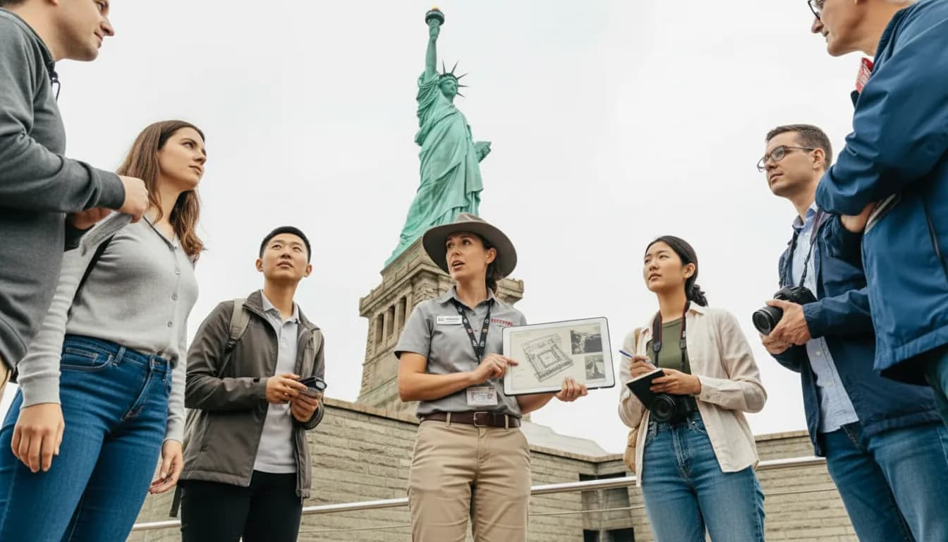 Expert tour guide presenting at the Statue of Liberty for Skip the Line Guided Tour